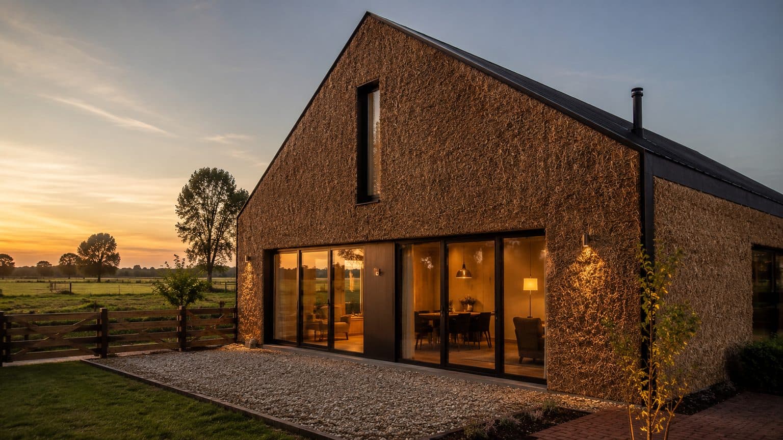 Moderne schuurwoning met een gevel afgewerkt met stro in een landelijke omgeving bij zonsondergang